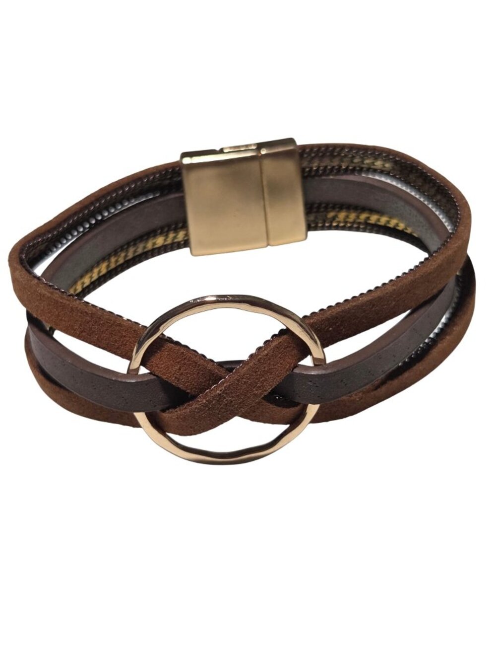 Brown Leather Bracelet Multi Strand Gold Tone Magnetic Clasp Circular Accent